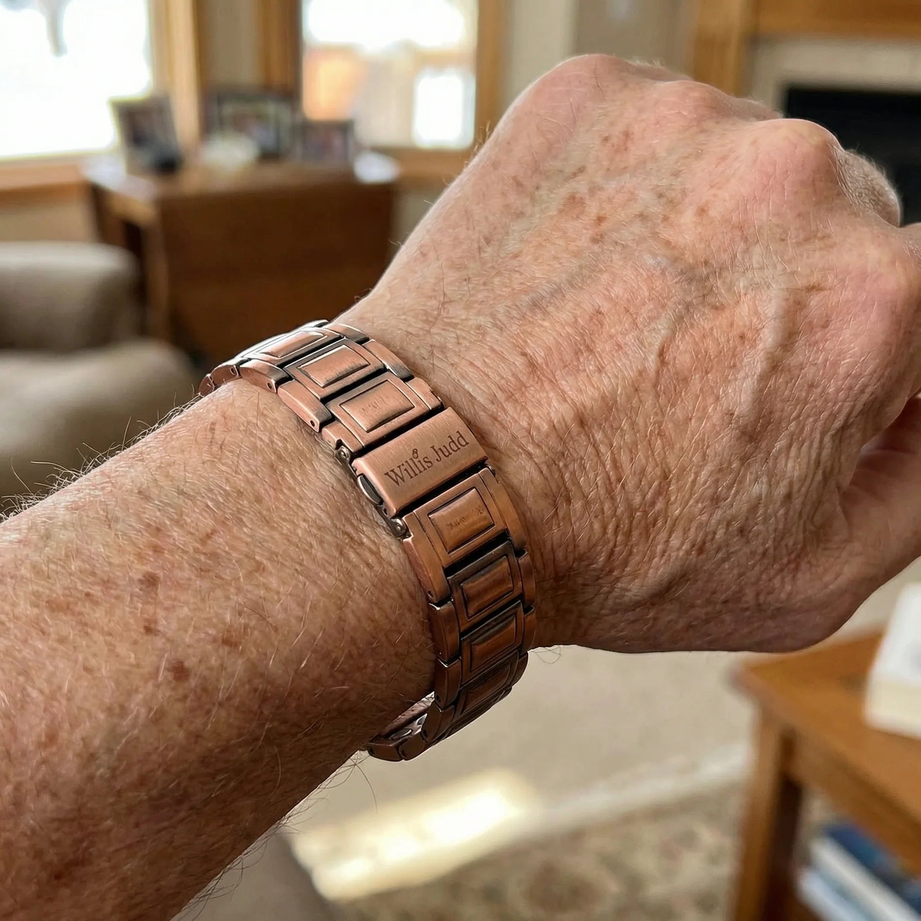 Copper magnetic bracelet worn on a wrist